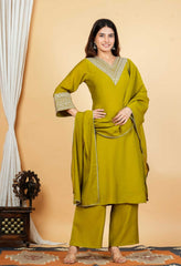 Green Mul Chanderi Zari Sequin Embroidered Suit-Set of 3