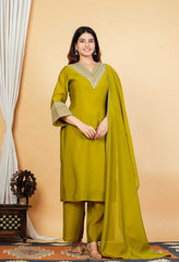 Green Mul Chanderi Zari Sequin Embroidered Suit-Set of 3