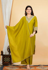 Green Mul Chanderi Zari Sequin Embroidered Suit-Set of 3