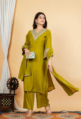 Green Mul Chanderi Zari Sequin Embroidered Suit-Set of 3
