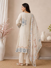 Ivory Cotton Linen Handwork Abstract A-Line Kurta Set- Set of 3
