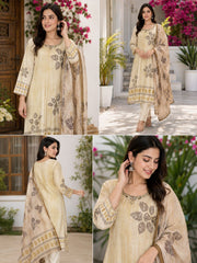 Cream Cotton Linen Handwork Abstract A-Line Kurta Set- Set of 3