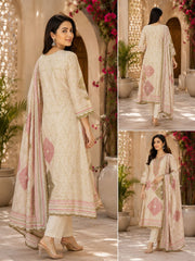 Beige Cotton Linen Handwork Abstract A-Line Kurta Set- Set of 3