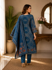 Indigo Blue Cotton Linen Digital Print A-Line Kurta Set- Set of 3