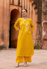 Yellow Cotton Schiffli Work A-Line Kurta Set With Real Mirror Work-Set of 2