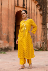 Yellow Cotton Schiffli Work A-Line Kurta Set With Real Mirror Work-Set of 2