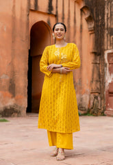 Yellow Cotton Schiffli Work A-Line Kurta Set With Real Mirror Work-Set of 2