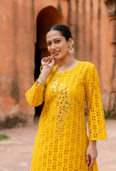 Yellow Cotton Schiffli Work A-Line Kurta Set With Real Mirror Work-Set of 2