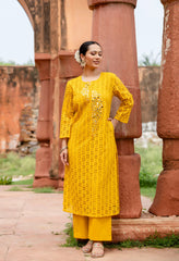 Yellow Cotton Schiffli Work A-Line Kurta Set With Real Mirror Work-Set of 2