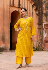 Yellow Cotton Schiffli Work A-Line Kurta Set With Real Mirror Work-Set of 2