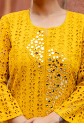 Yellow Cotton Schiffli Work A-Line Kurta Set With Real Mirror Work-Set of 2