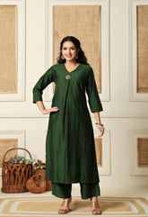 Green Vertical Silk A-Line Kurta With Pants- Set of 2