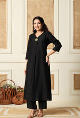 Black Vertical Silk A-Line Kurta With Pants- Set of 2