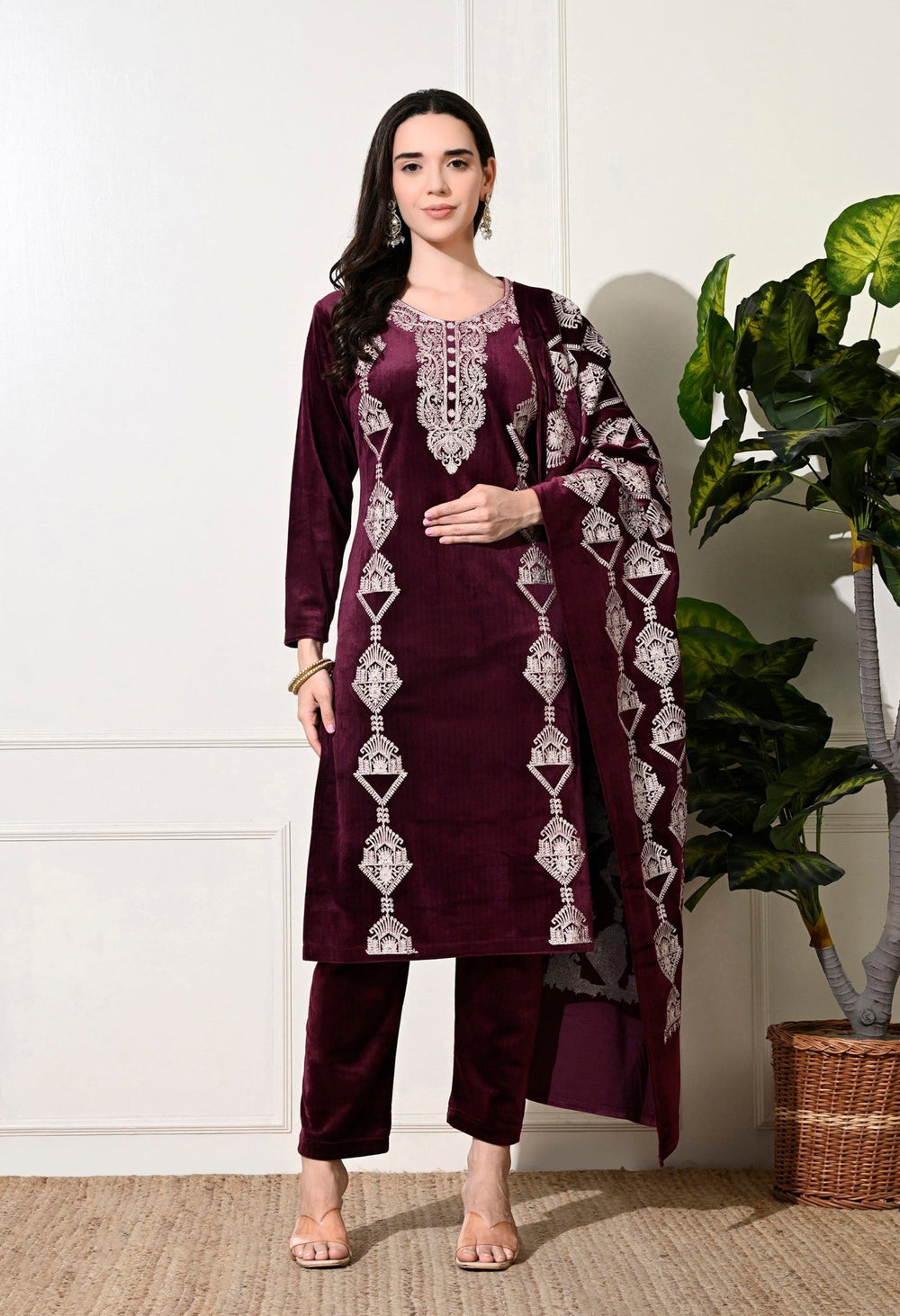 Elegant 3 - Piece Pure Velvet Set with Rich Kashmiri Embroidery! - Fine Strings