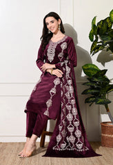 Elegant 3 - Piece Pure Velvet Set with Rich Kashmiri Embroidery! - Fine Strings