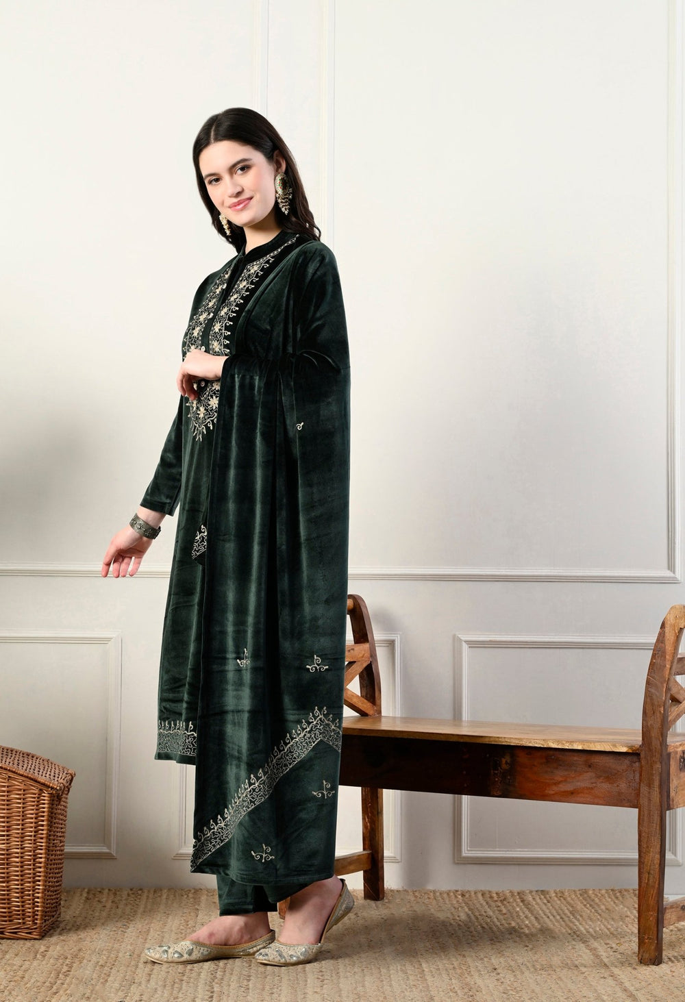Elegant 3 - piece pure velvet set with rich Kashmiri embroidery! - Fine Strings