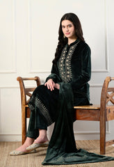 Elegant 3 - piece pure velvet set with rich Kashmiri embroidery! - Fine Strings