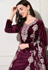 Elegant 3 - Piece Pure Velvet Set with Rich Kashmiri Embroidery! - Fine Strings