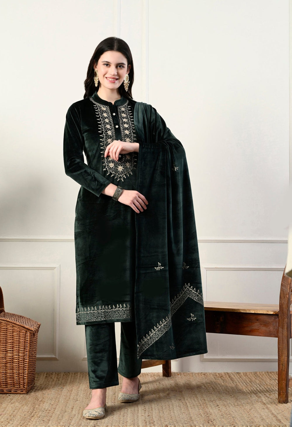Elegant 3 - piece pure velvet set with rich Kashmiri embroidery! - Fine Strings