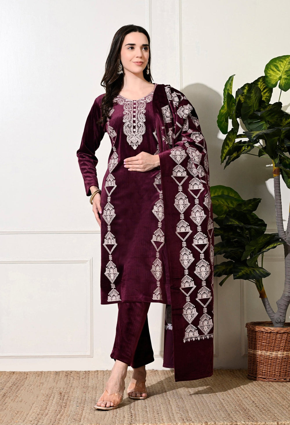 Elegant 3 - Piece Pure Velvet Set with Rich Kashmiri Embroidery! - Fine Strings