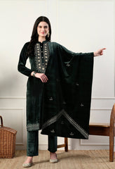 Elegant 3 - piece pure velvet set with rich Kashmiri embroidery! - Fine Strings