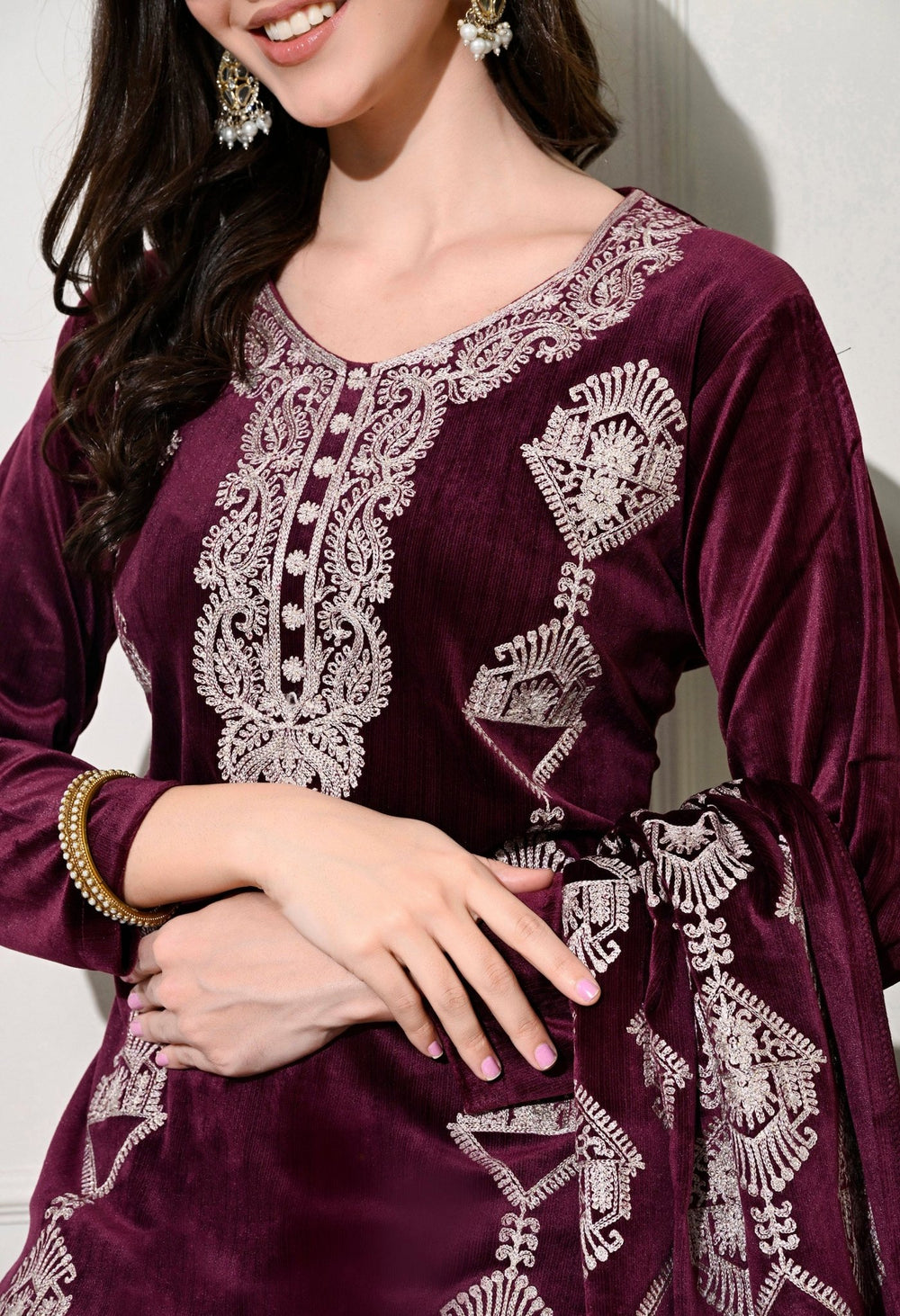 Elegant 3 - Piece Pure Velvet Set with Rich Kashmiri Embroidery! - Fine Strings