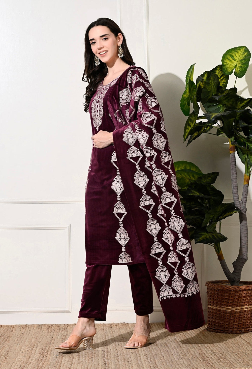 Elegant 3 - Piece Pure Velvet Set with Rich Kashmiri Embroidery! - Fine Strings