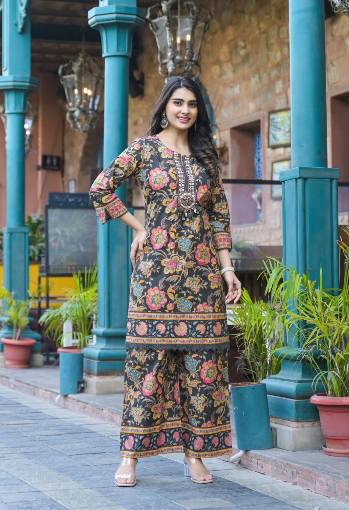 Black Printed Cotton Kurta with Palazzo Pants - Set of 2