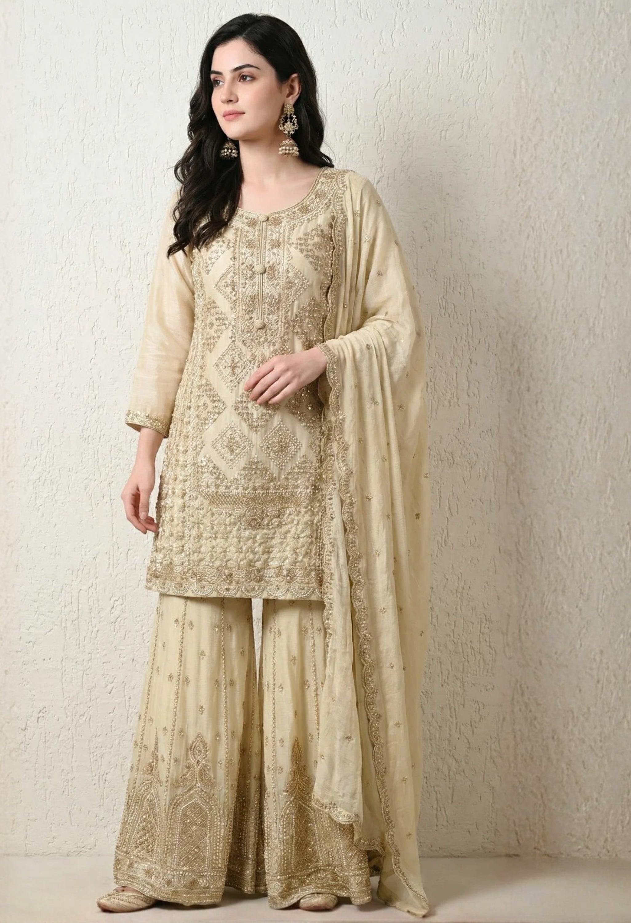 Beige Premium Silk Pearl, Bead, and Sequin Embroidered Sharara Suit- Set of 3