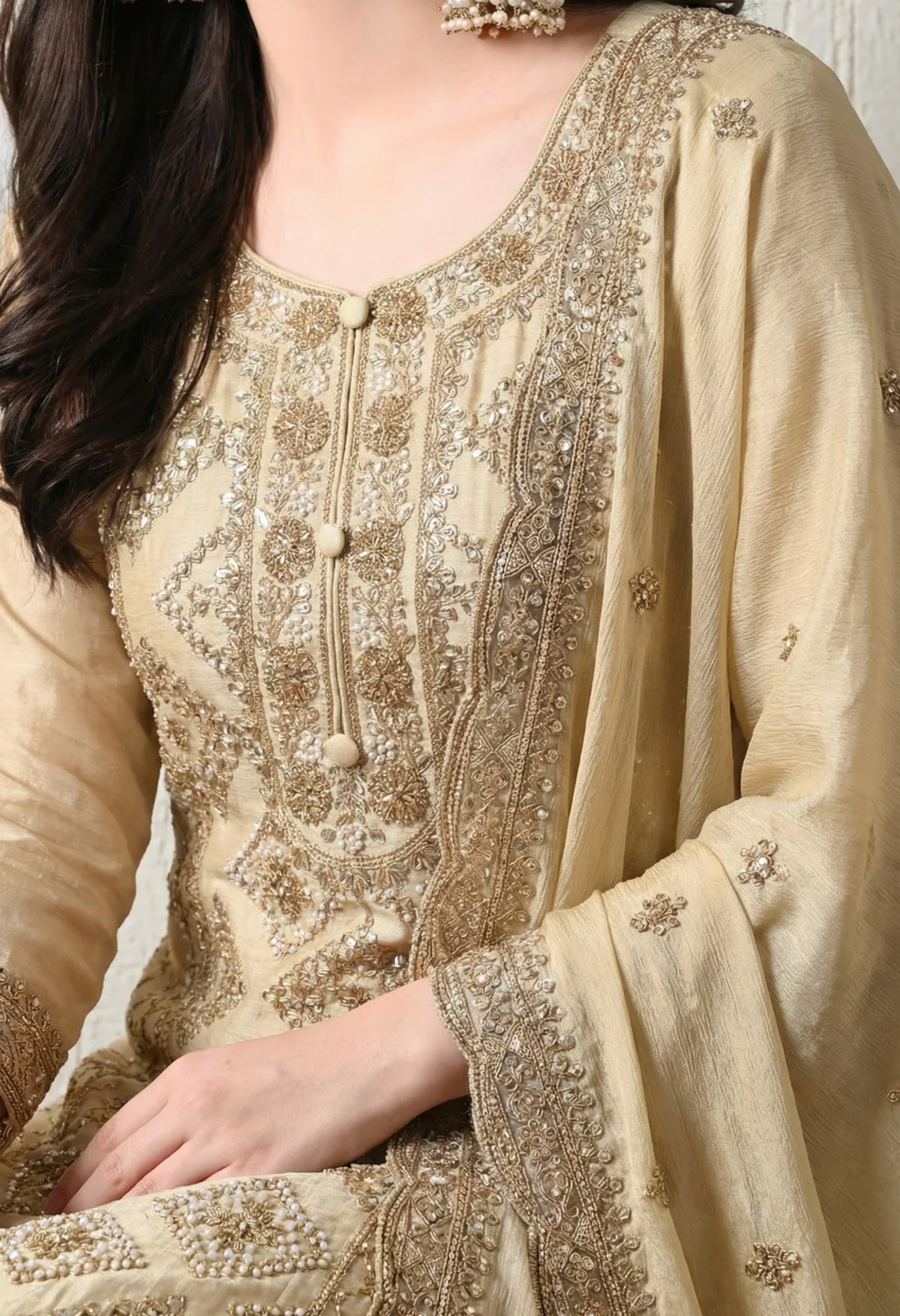 Beige Premium Silk Pearl, Bead, and Sequin Embroidered Sharara Suit- Set of 3