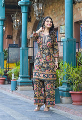 Black Printed Cotton Kurta with Palazzo Pants - Set of 2