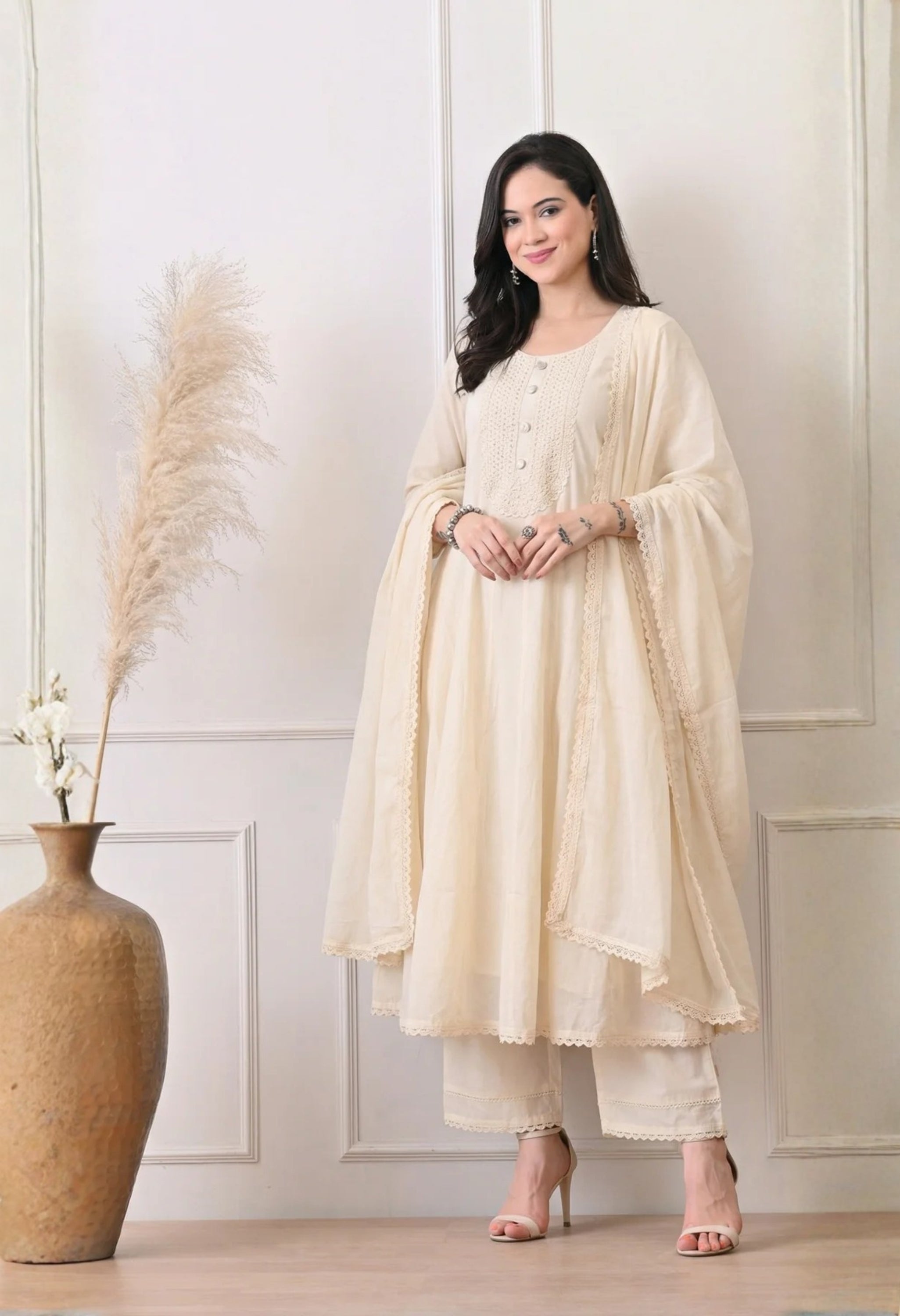 Cream Cotton Anarkali Suit With Crochet Lace Detailing- Set of 3
