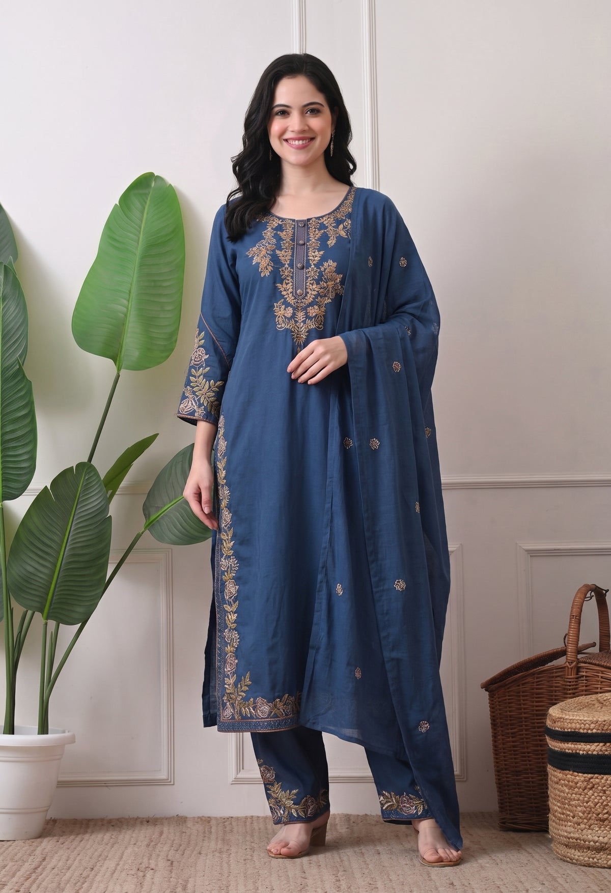 Cotton Blue Embroidered Kurta Set- Set of 3
