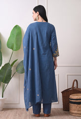 Cotton Blue Embroidered Kurta Set- Set of 3