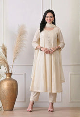 Cream Cotton Anarkali Suit With Crochet Lace Detailing- Set of 3
