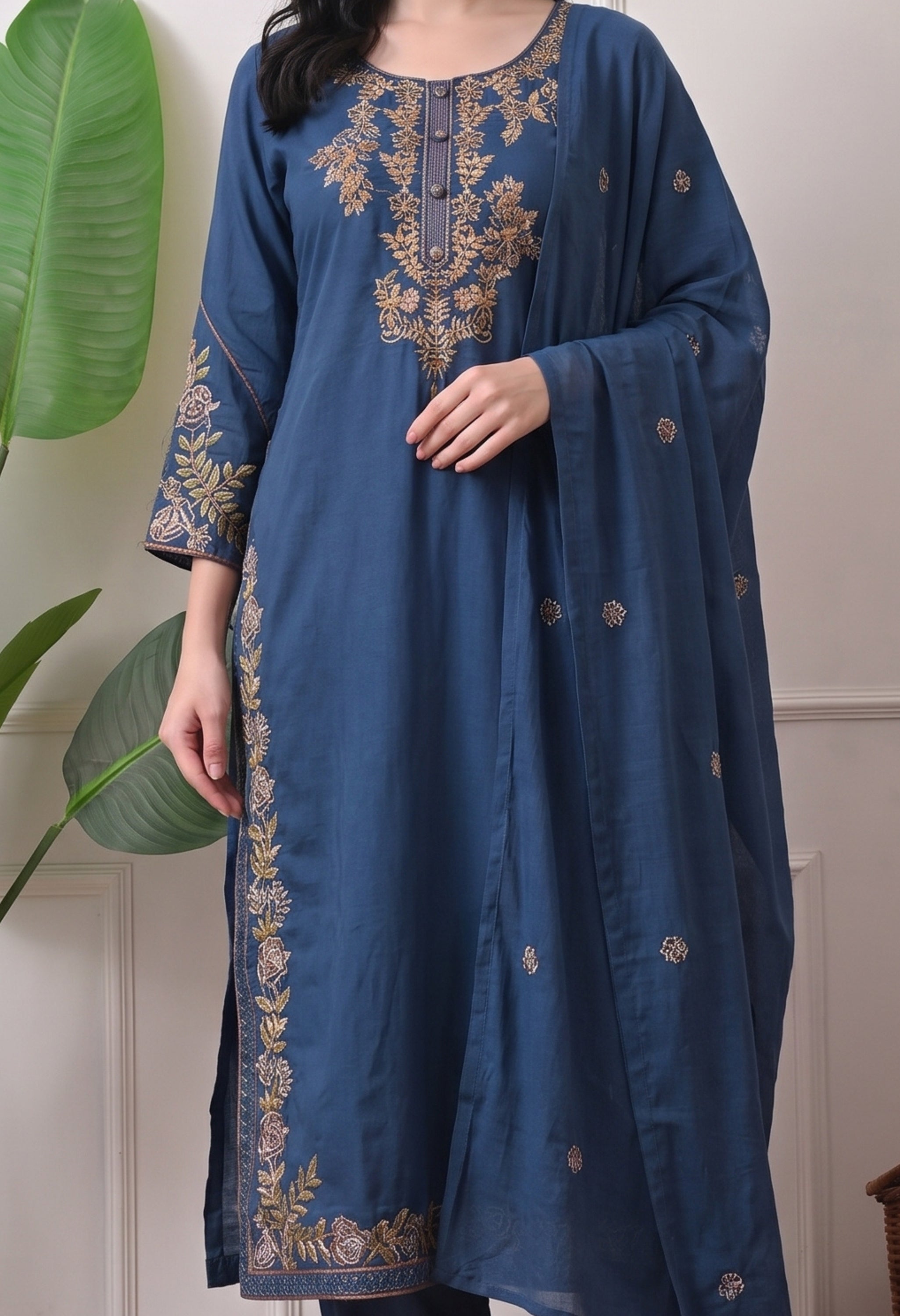 Cotton Blue Embroidered Kurta Set- Set of 3