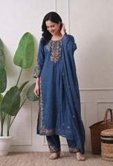 Cotton Blue Embroidered Kurta Set- Set of 3