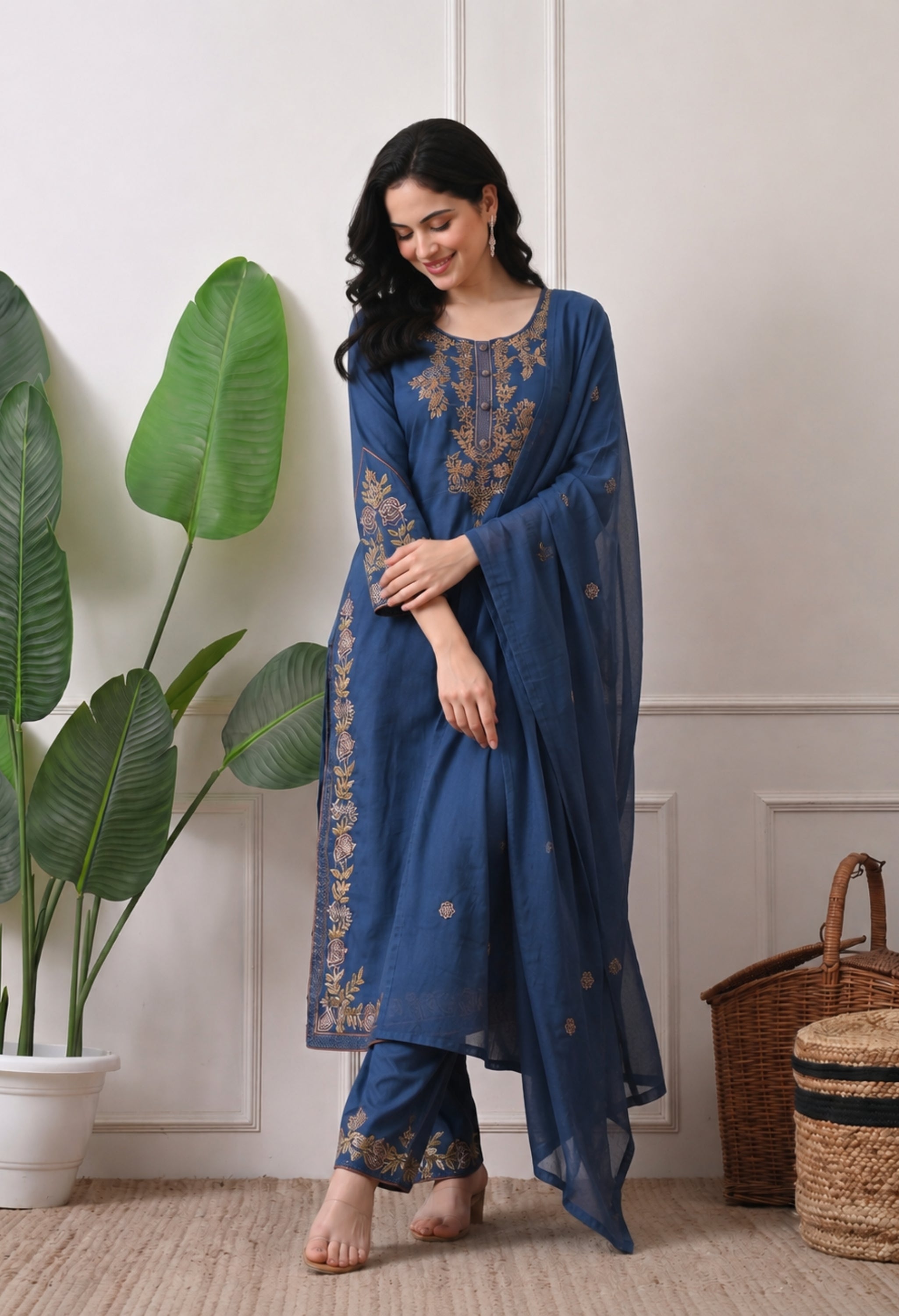Cotton Blue Embroidered Kurta Set- Set of 3