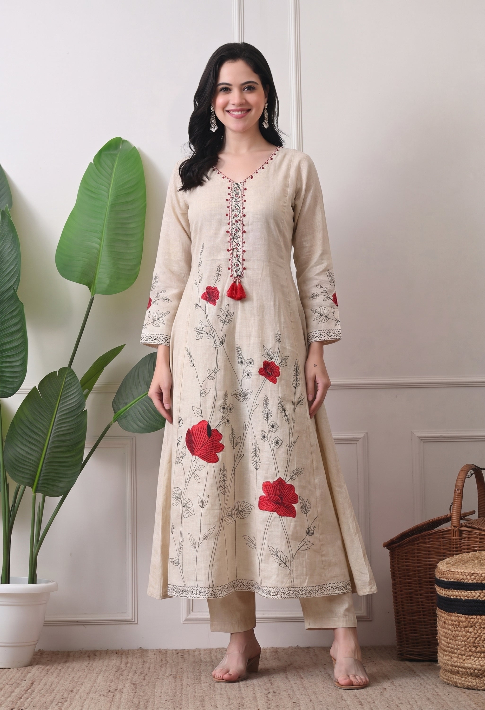 Premium Organic Beige Maroon Embroidered A-Line Kurta Set- Set of 3