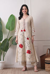 Premium Organic Beige Maroon Embroidered A-Line Kurta Set- Set of 3