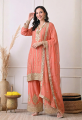 Peach Orange Premium Silk Zari Embroidered Sharara Suit- Set of 3