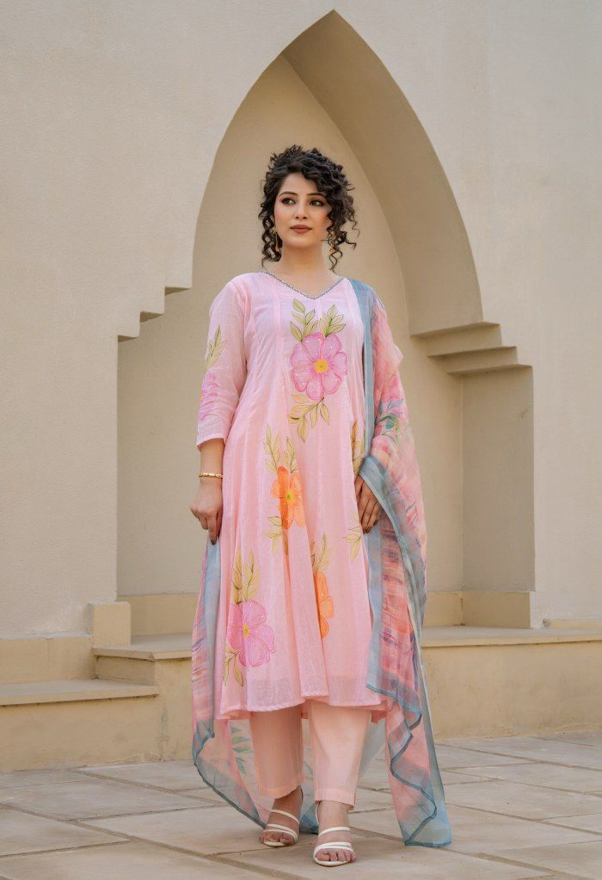 Pink Pure Mul Cotton Hand Painted Suit- Set of 3