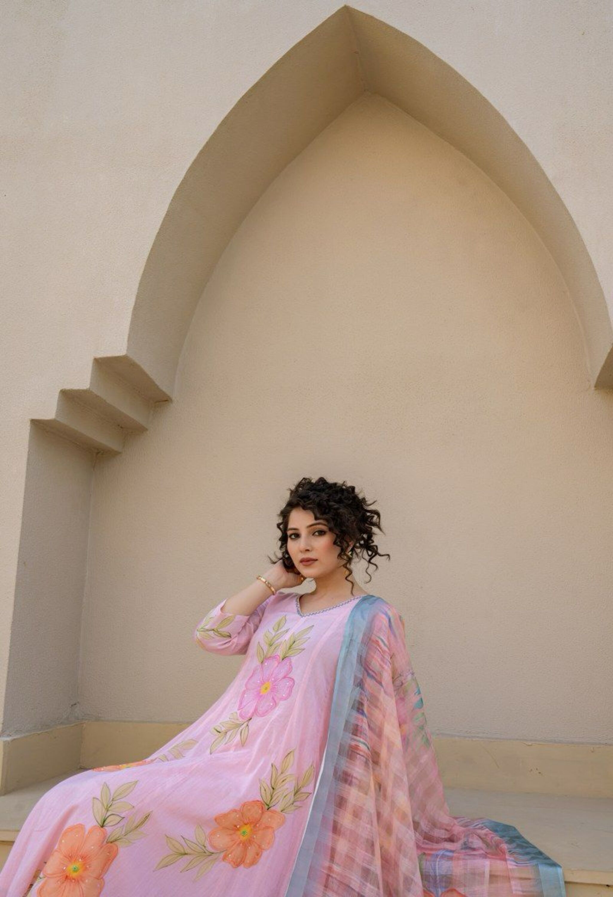 Pink Pure Mul Cotton Hand Painted Suit- Set of 3
