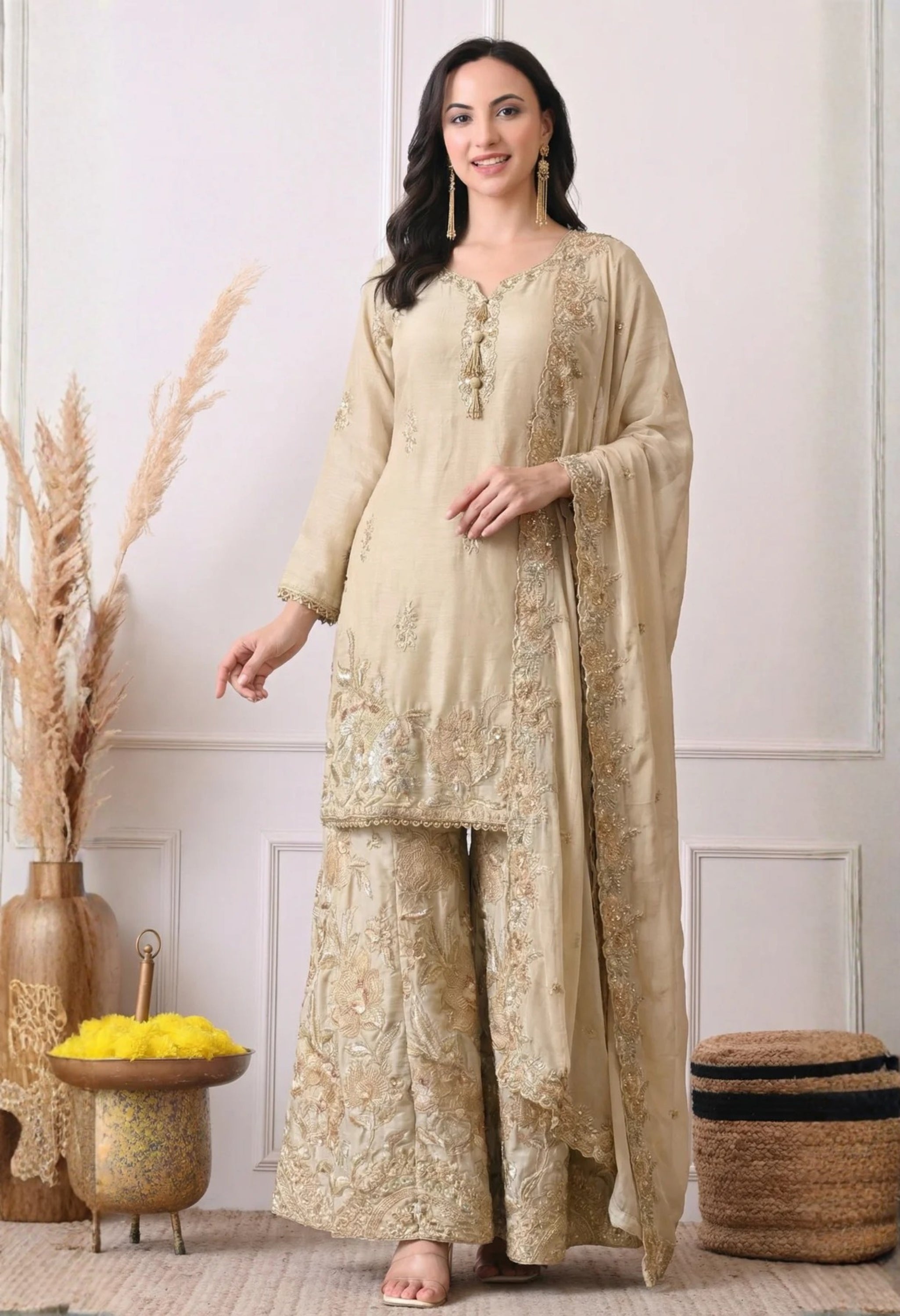 Beige Premium Silk Embroidered Sharara Suit- Set of 3