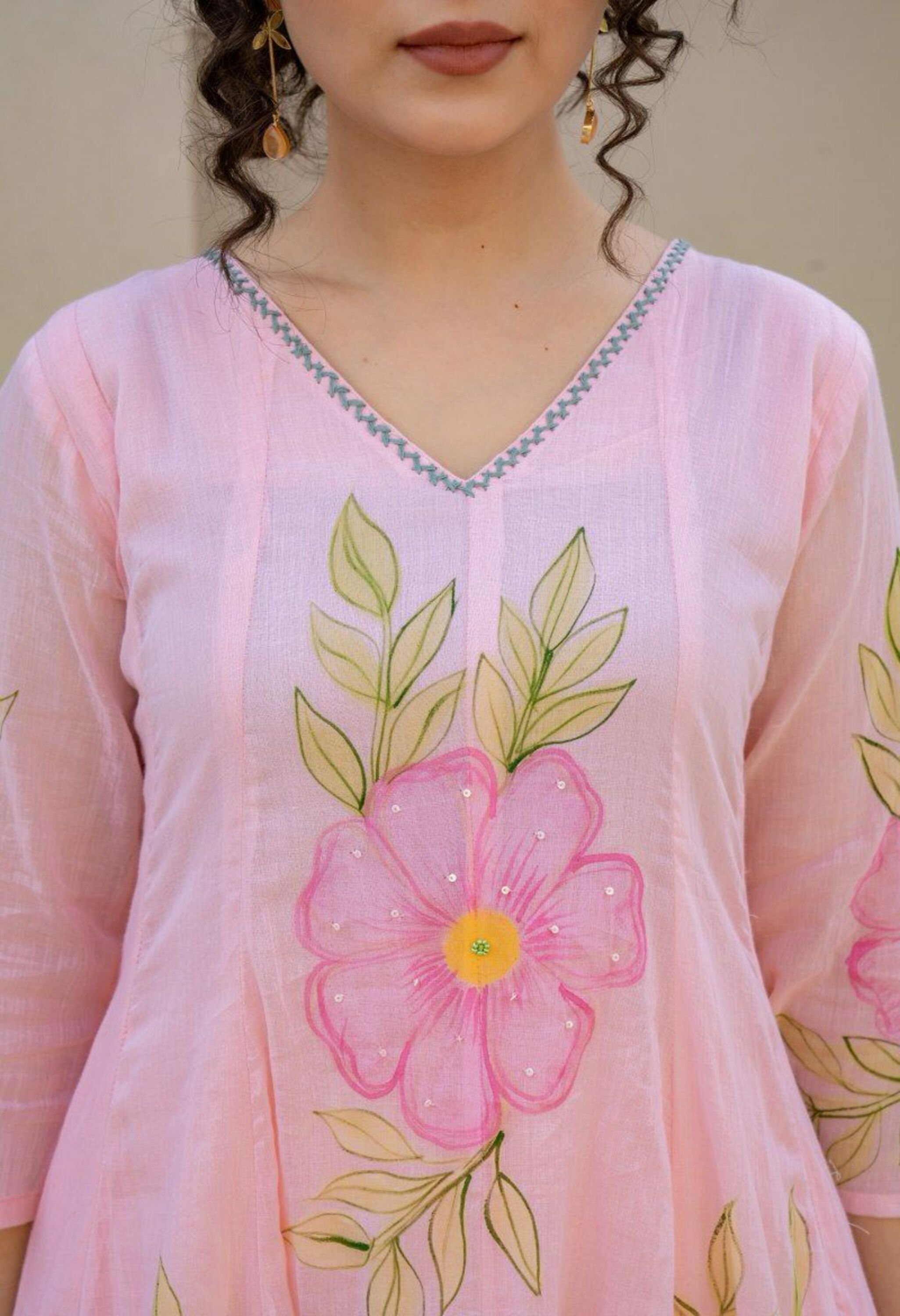 Pink Pure Mul Cotton Hand Painted Suit- Set of 3