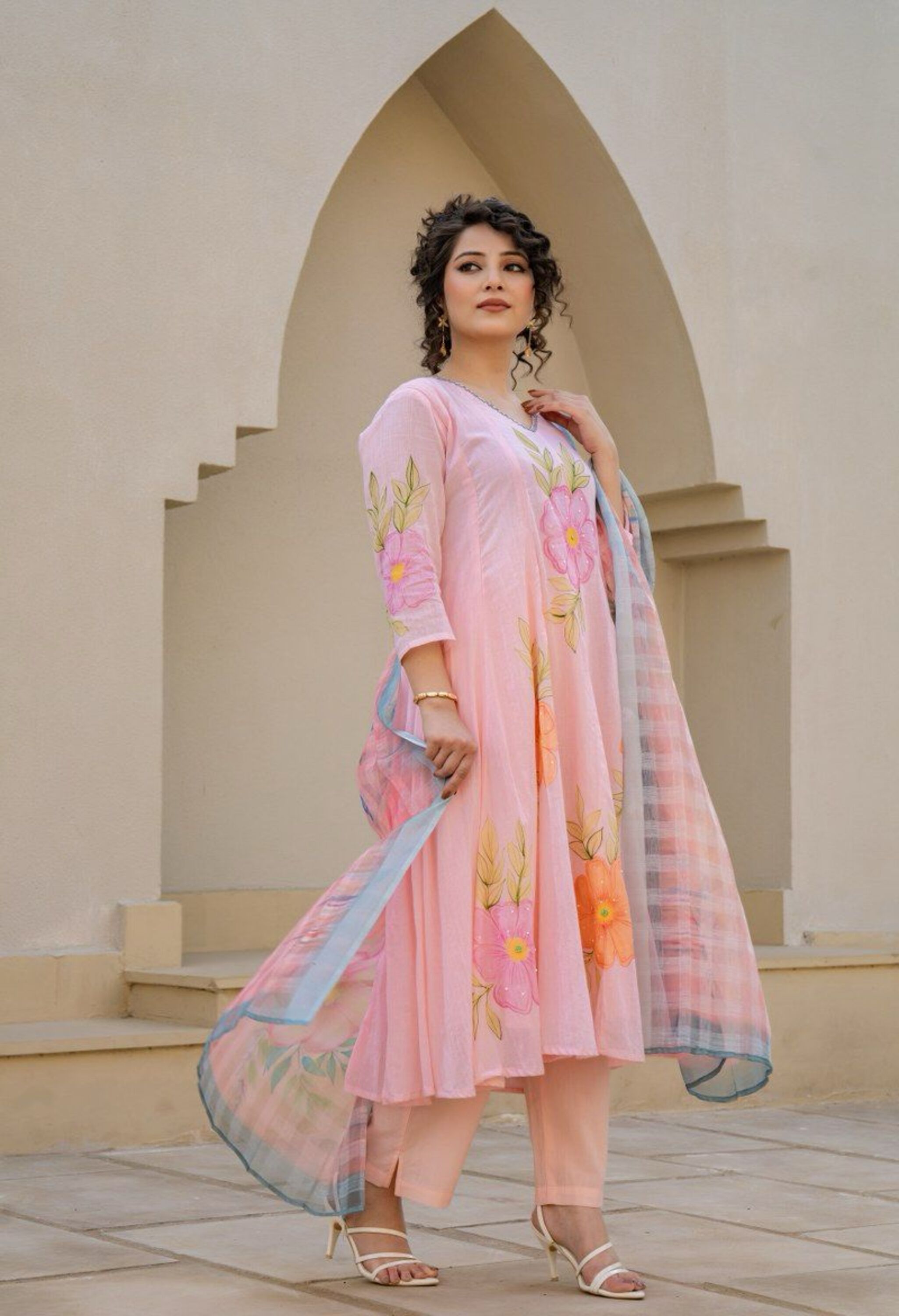 Pink Pure Mul Cotton Hand Painted Suit- Set of 3
