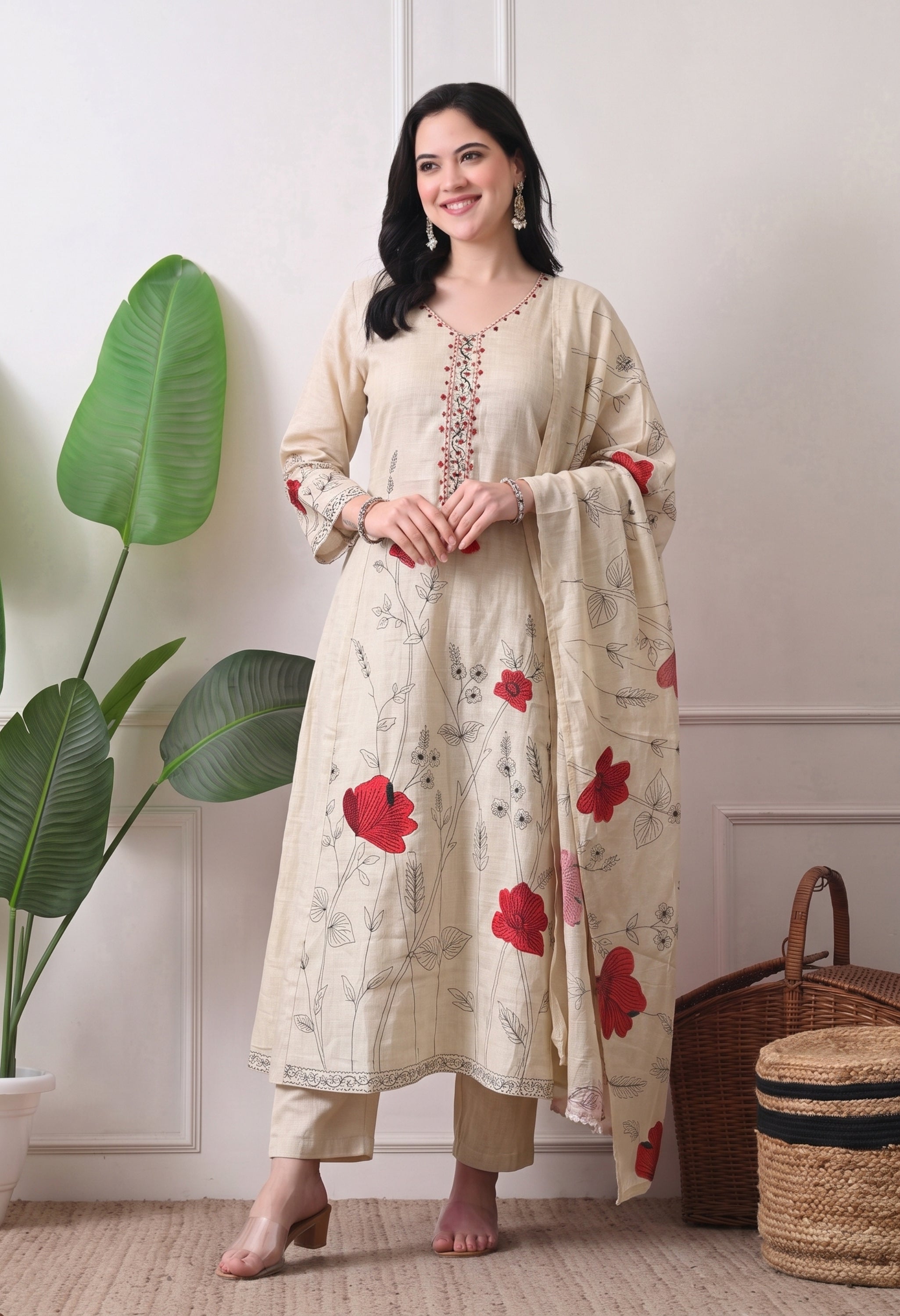 Premium Organic Beige Maroon Embroidered A-Line Kurta Set- Set of 3