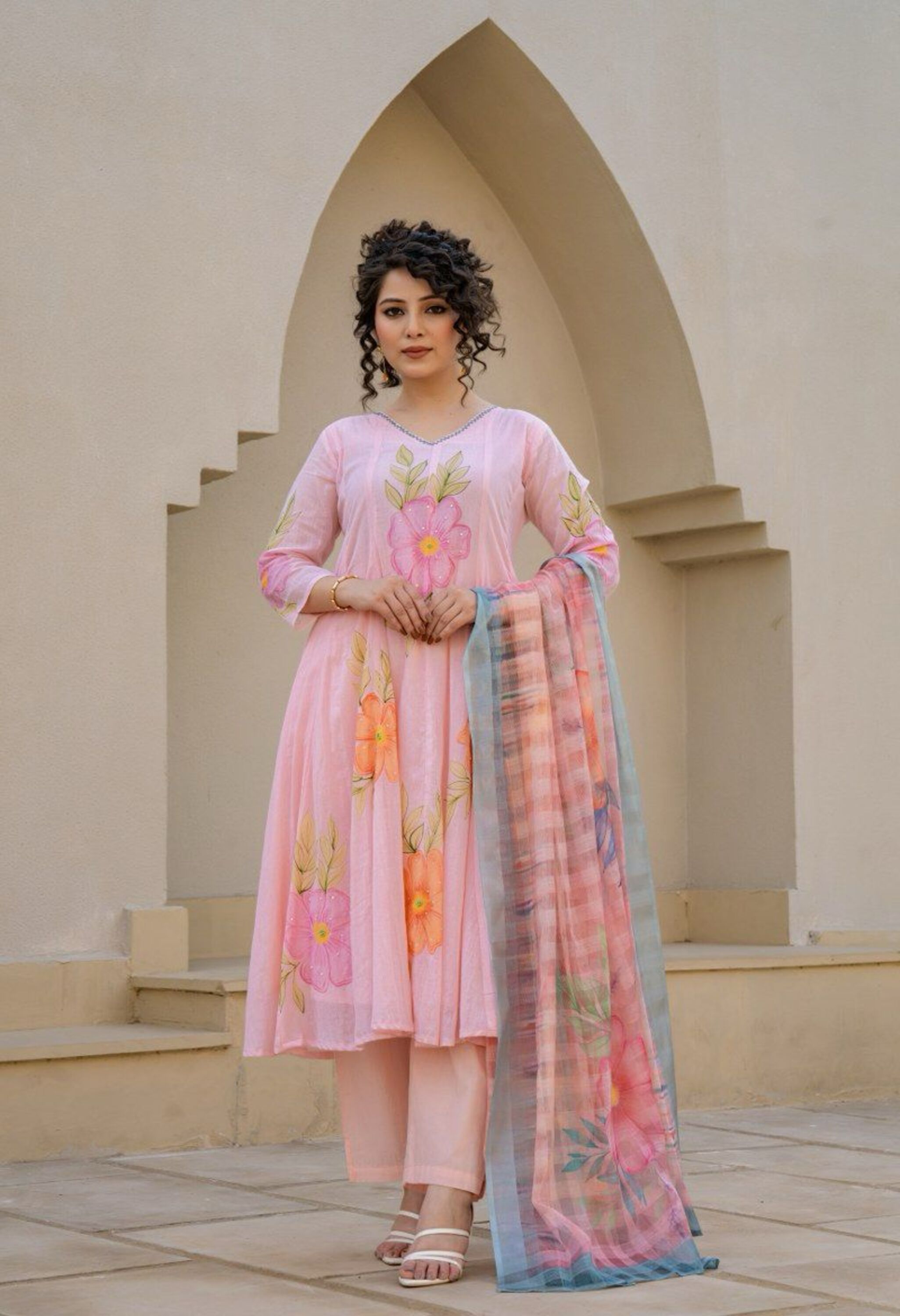 Pink Pure Mul Cotton Hand Painted Suit- Set of 3