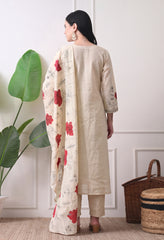 Premium Organic Beige Maroon Embroidered A-Line Kurta Set- Set of 3