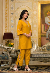 Mustard Cotton Set with Neat Embroidery Detailing- Set of 3